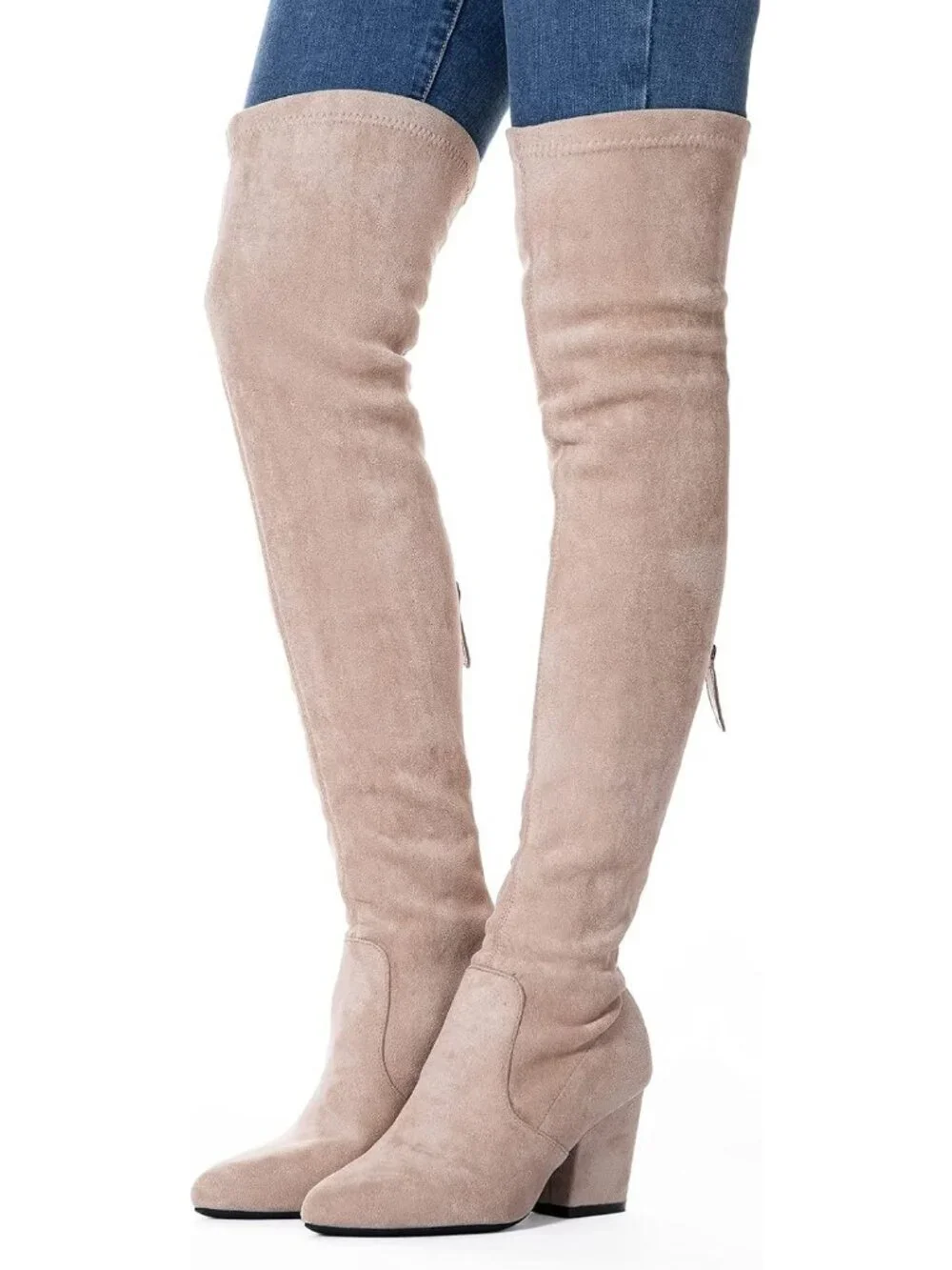 Women's Khaki Suede Pointed Toe Flat Comfort Over the Knee Thigh High Boots